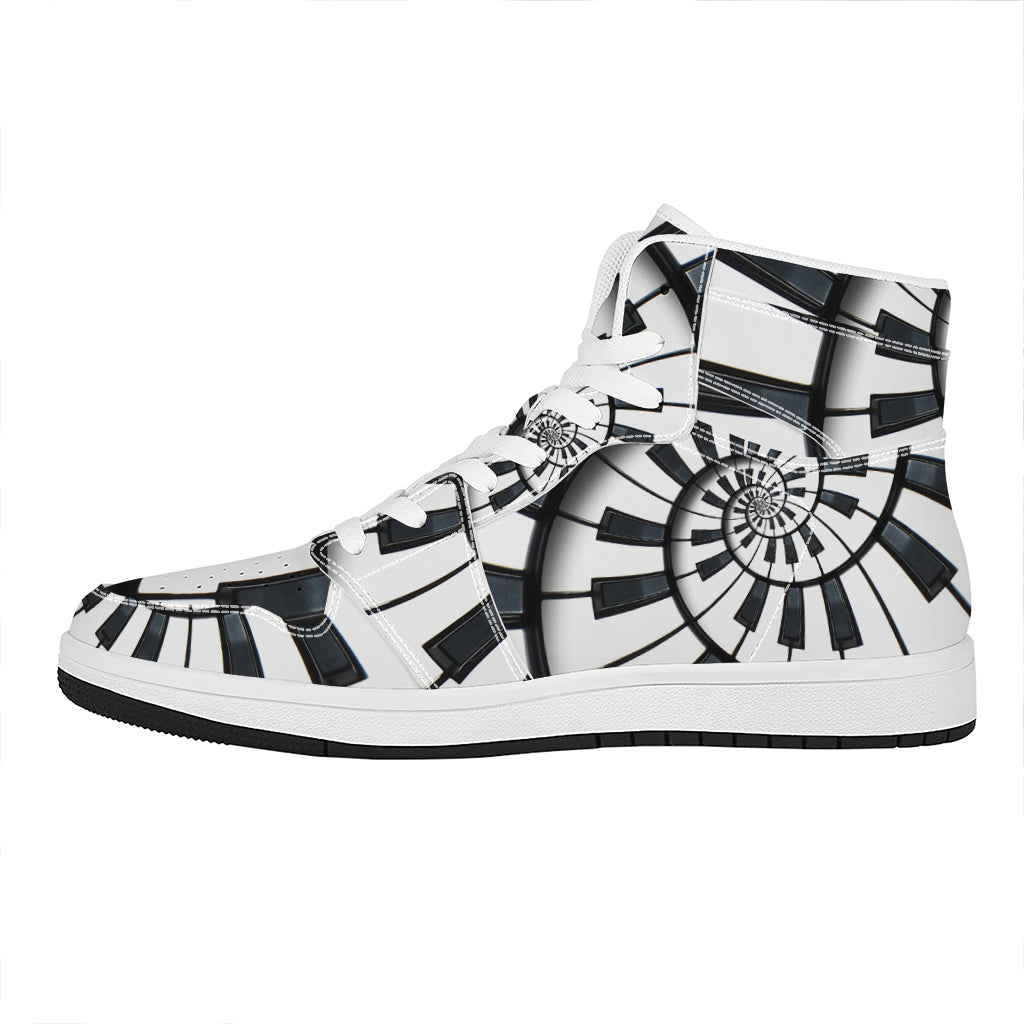 Spiral Piano Keyboard Print High Top Leather Sneakers