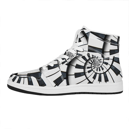 Spiral Piano Keyboard Print High Top Leather Sneakers