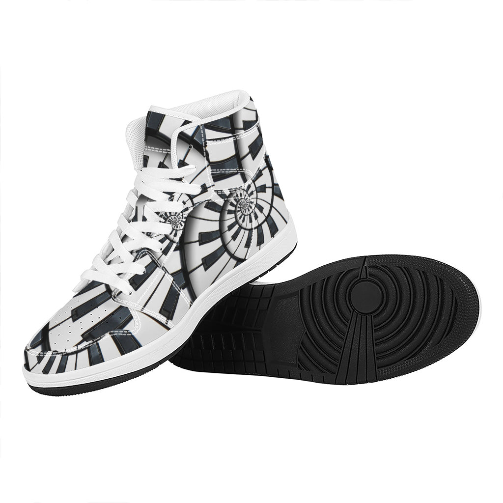 Spiral Piano Keyboard Print High Top Leather Sneakers