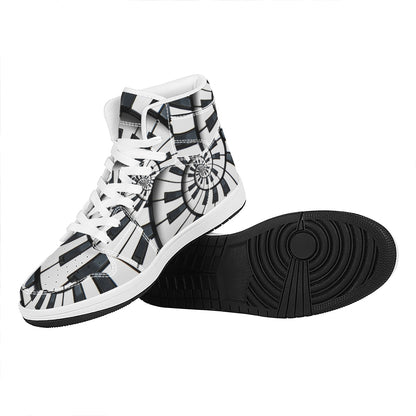 Spiral Piano Keyboard Print High Top Leather Sneakers