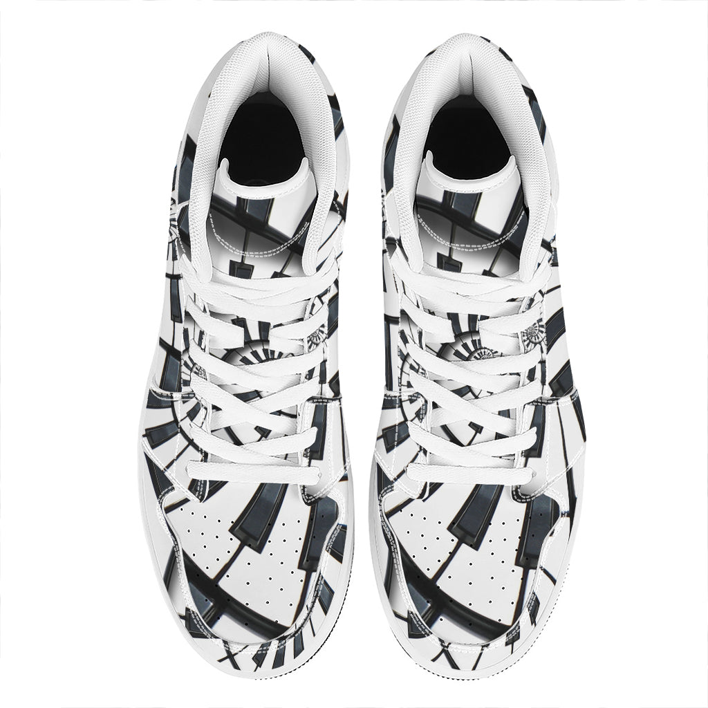 Spiral Piano Keyboard Print High Top Leather Sneakers