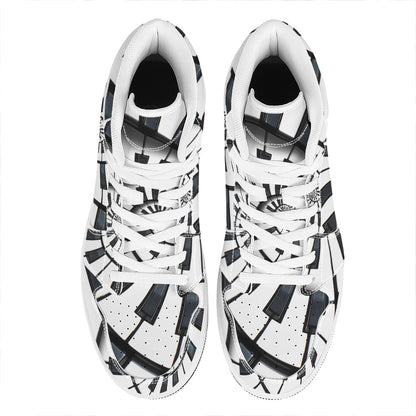 Spiral Piano Keyboard Print High Top Leather Sneakers