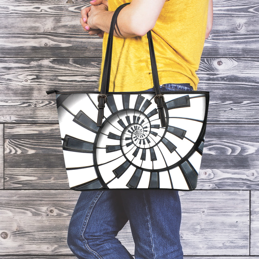 Spiral Piano Keyboard Print Leather Tote Bag