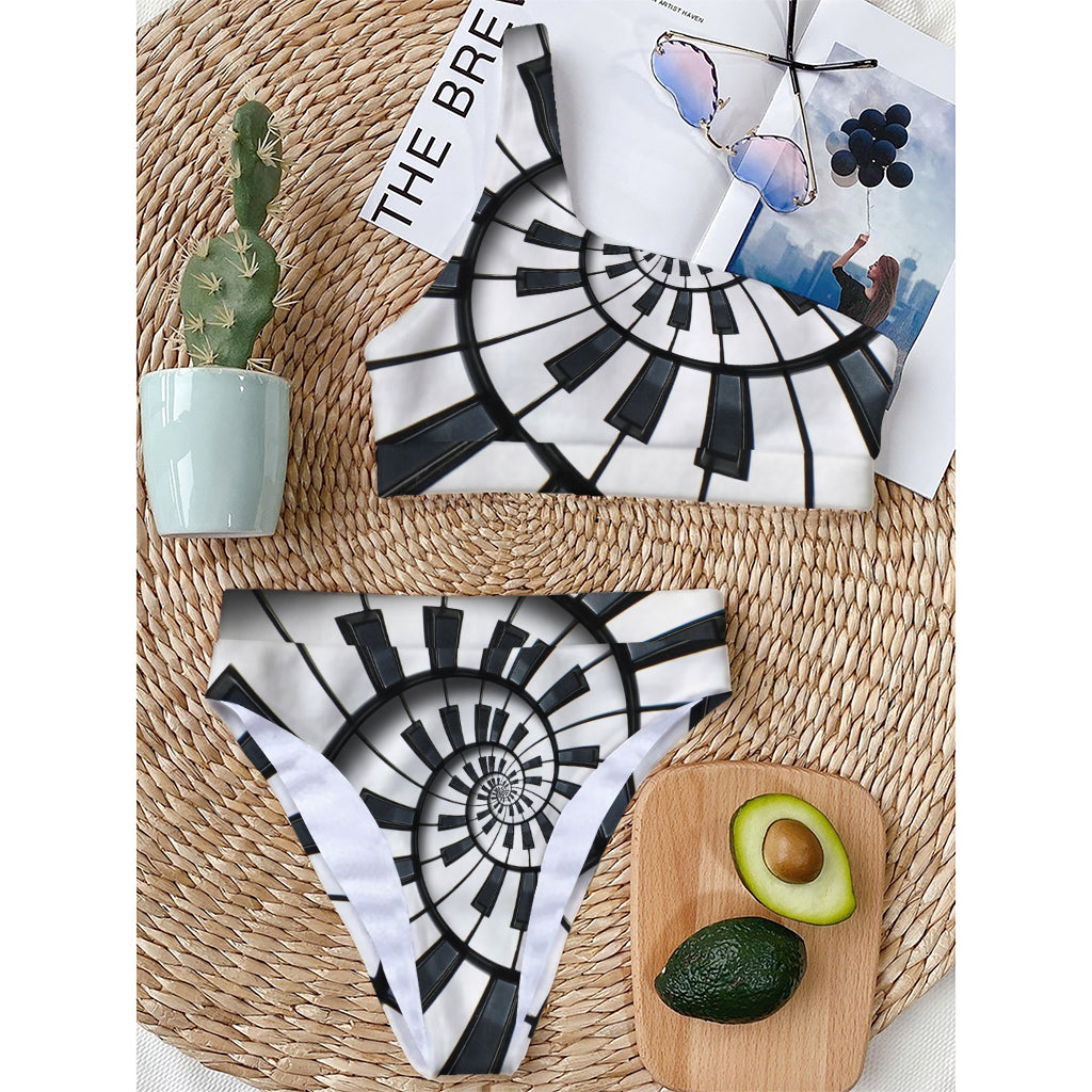 Spiral Piano Keyboard Print One Shoulder Bikini Top