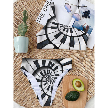 Spiral Piano Keyboard Print One Shoulder Bikini Top