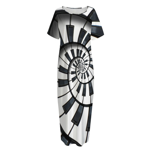 Spiral Piano Keyboard Print Short Sleeve Long Nightdress