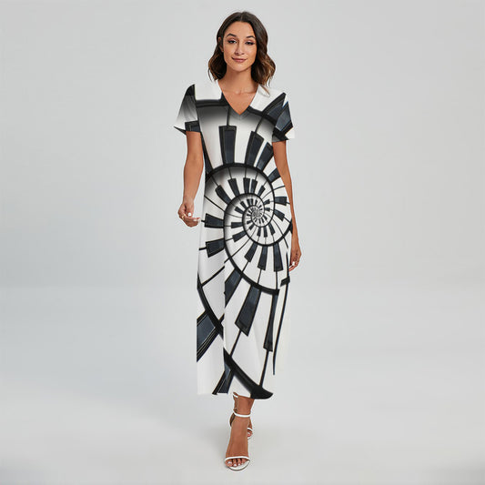 Spiral Piano Keyboard Print Short Sleeve Maxi Dress