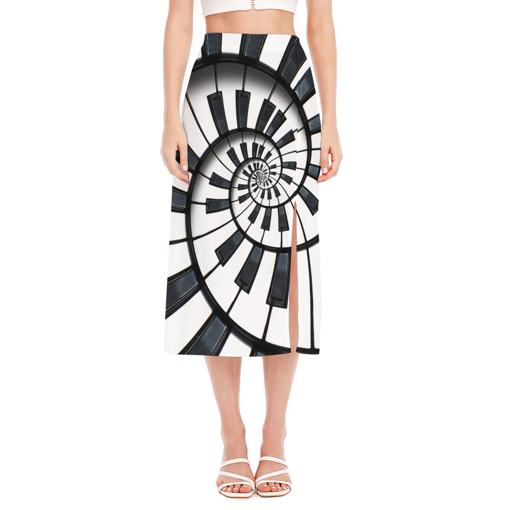 Spiral Piano Keyboard Print Side Slit Midi Skirt