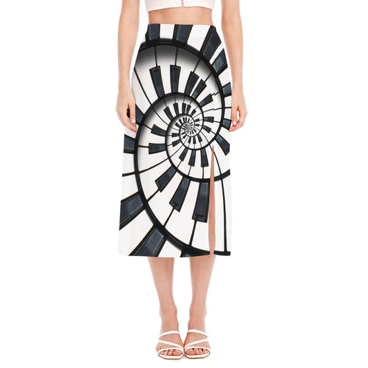 Spiral Piano Keyboard Print Side Slit Midi Skirt