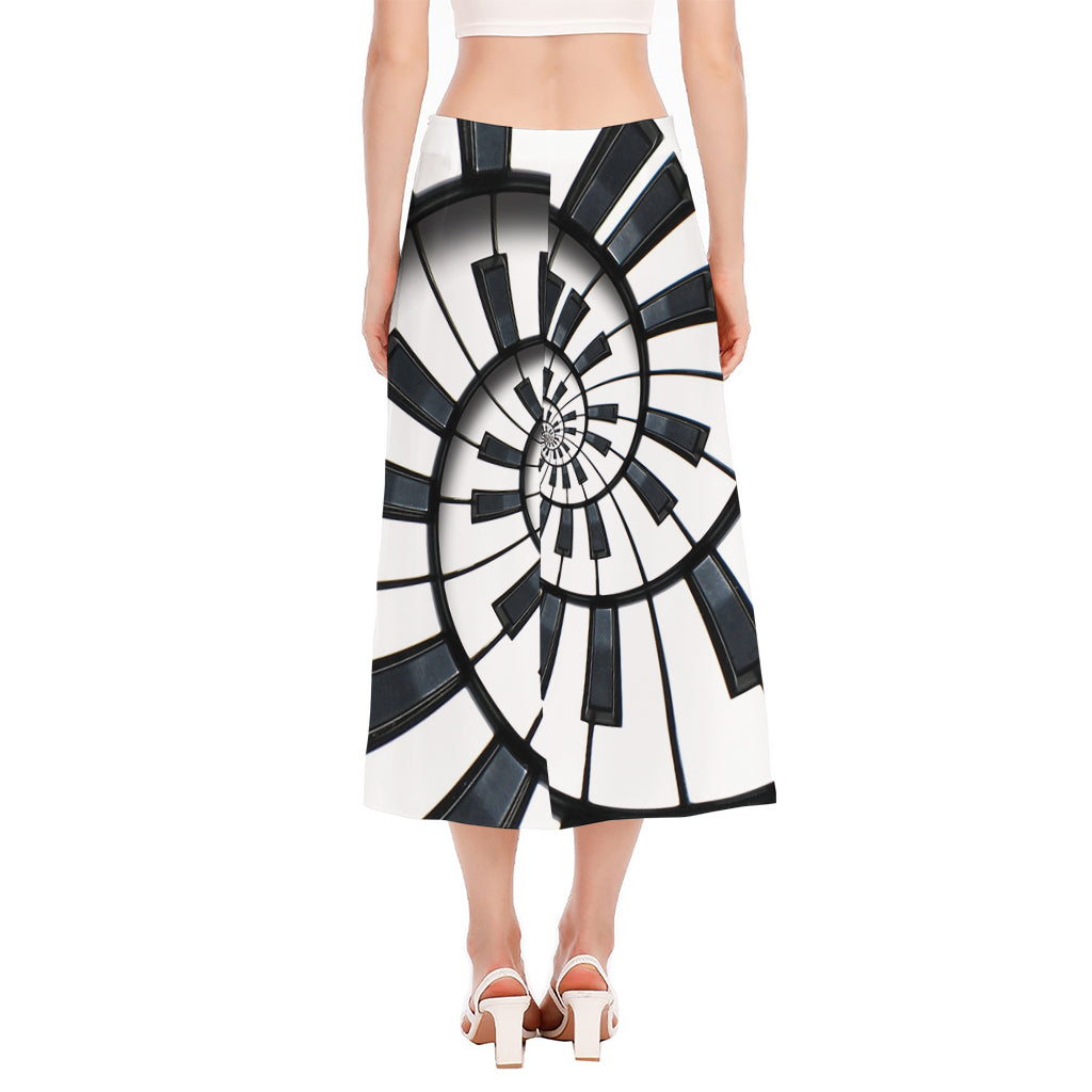Spiral Piano Keyboard Print Side Slit Midi Skirt