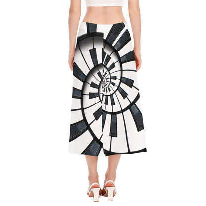 Spiral Piano Keyboard Print Side Slit Midi Skirt
