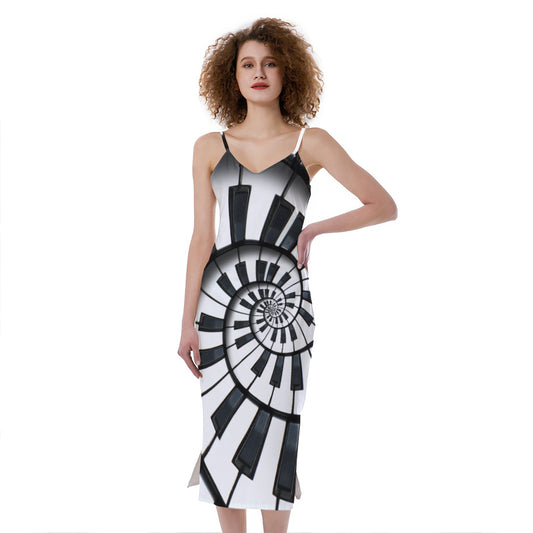 Spiral Piano Keyboard Print Slim Fit Midi Cami Dress