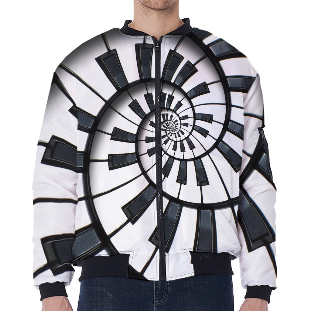 Spiral Piano Keyboard Print Zip Sleeve Bomber Jacket