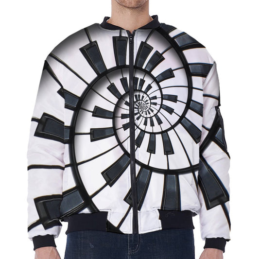Spiral Piano Keyboard Print Zip Sleeve Bomber Jacket