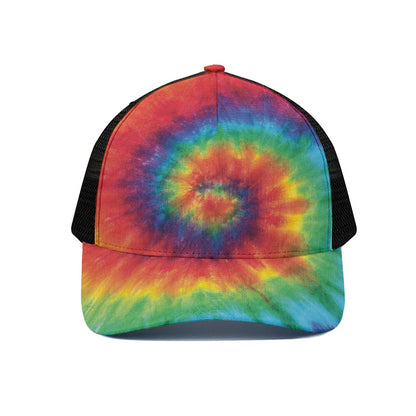 Spiral Tie Dye Print Black Mesh Trucker Cap
