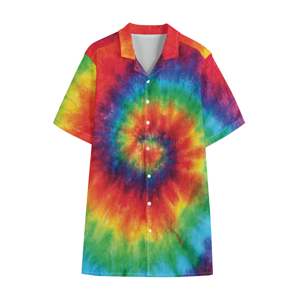 Spiral Tie Dye Print Cotton Hawaiian Shirt