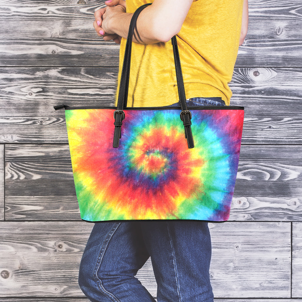 Spiral Tie Dye Print Leather Tote Bag