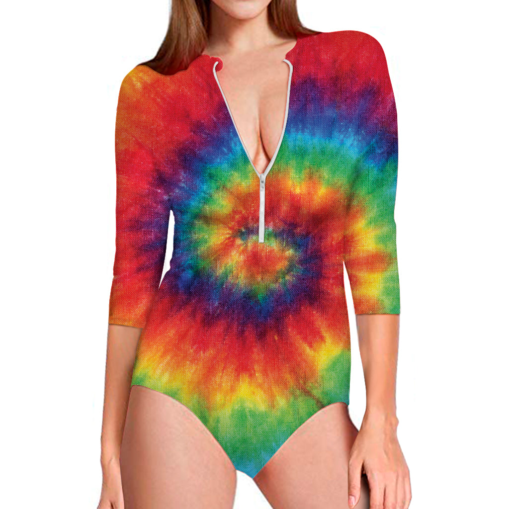 Spiral Tie Dye Print Long Sleeve Swimsuit