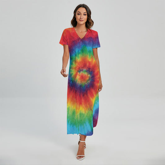 Spiral Tie Dye Print Short Sleeve Maxi Dress