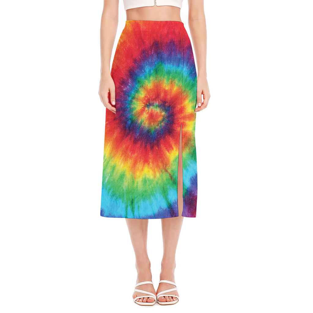 Spiral Tie Dye Print Side Slit Midi Skirt