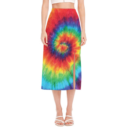 Spiral Tie Dye Print Side Slit Midi Skirt