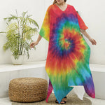Spiral Tie Dye Print Silk V-Neck Kaftan Dress
