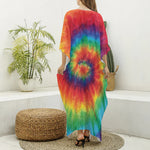 Spiral Tie Dye Print Silk V-Neck Kaftan Dress
