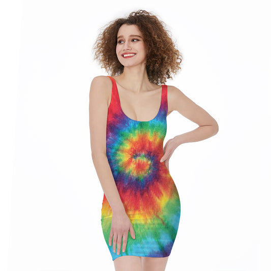 Spiral Tie Dye Print Sleeveless Bodycon Dress