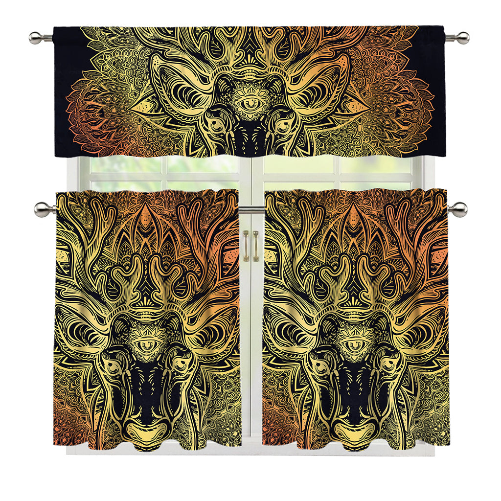 Spiritual Deer Mandala Print 3 Piece Kitchen Curtains