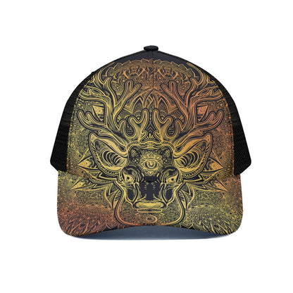 Spiritual Deer Mandala Print Black Mesh Trucker Cap
