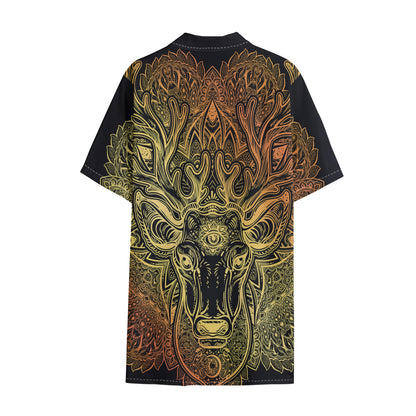Spiritual Deer Mandala Print Cotton Hawaiian Shirt
