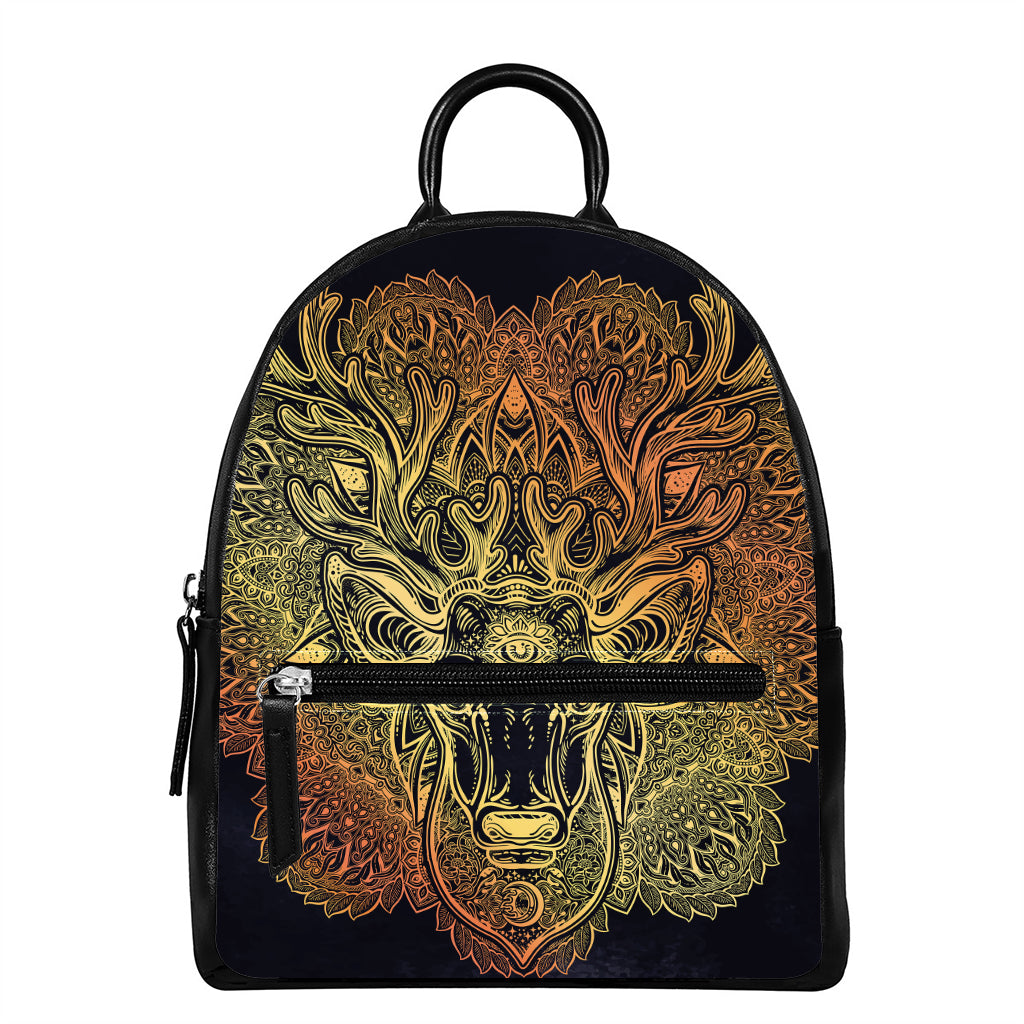Spiritual Deer Mandala Print Leather Backpack