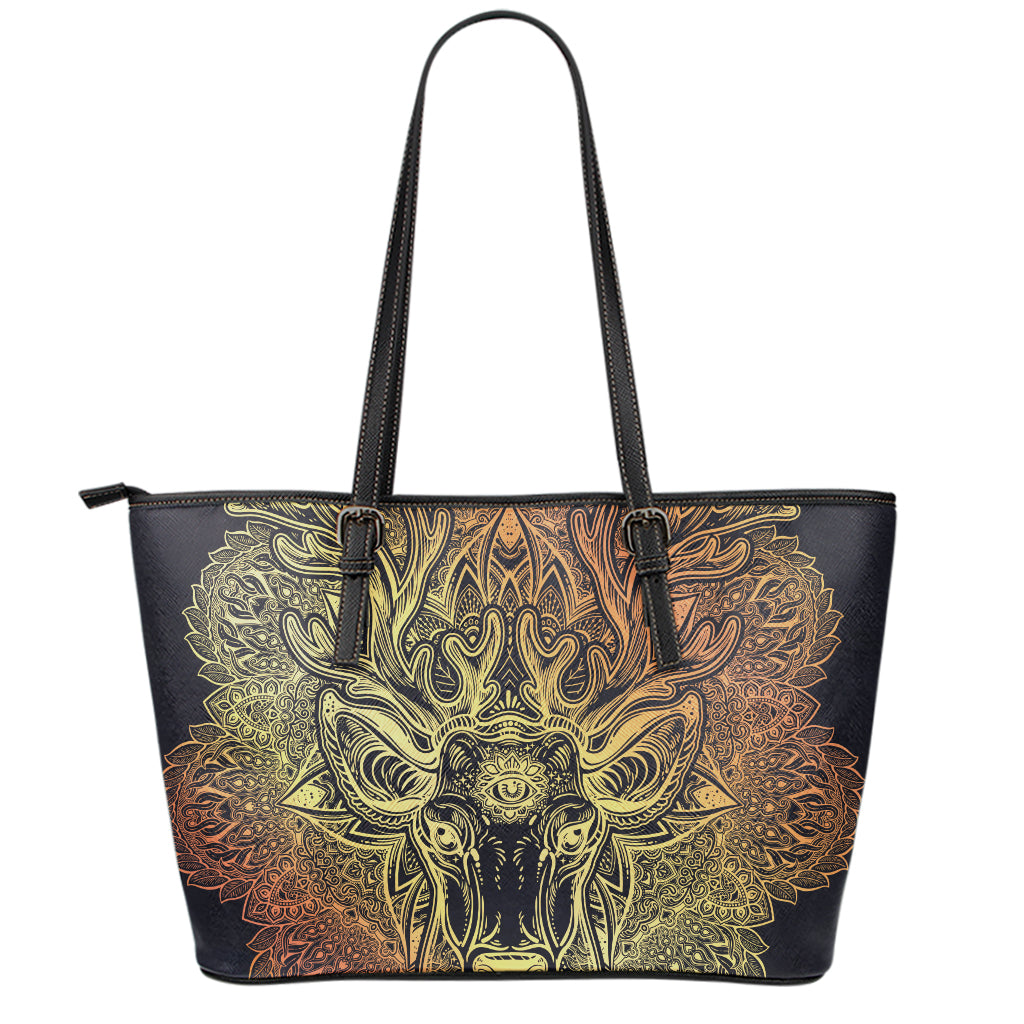 Spiritual Deer Mandala Print Leather Tote Bag