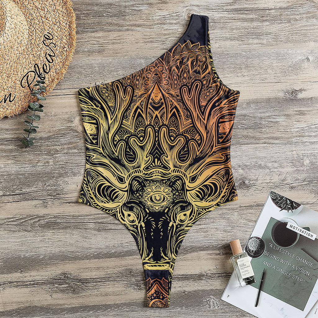 Spiritual Deer Mandala Print One Shoulder Bodysuit