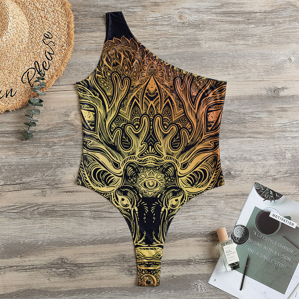 Spiritual Deer Mandala Print One Shoulder Bodysuit
