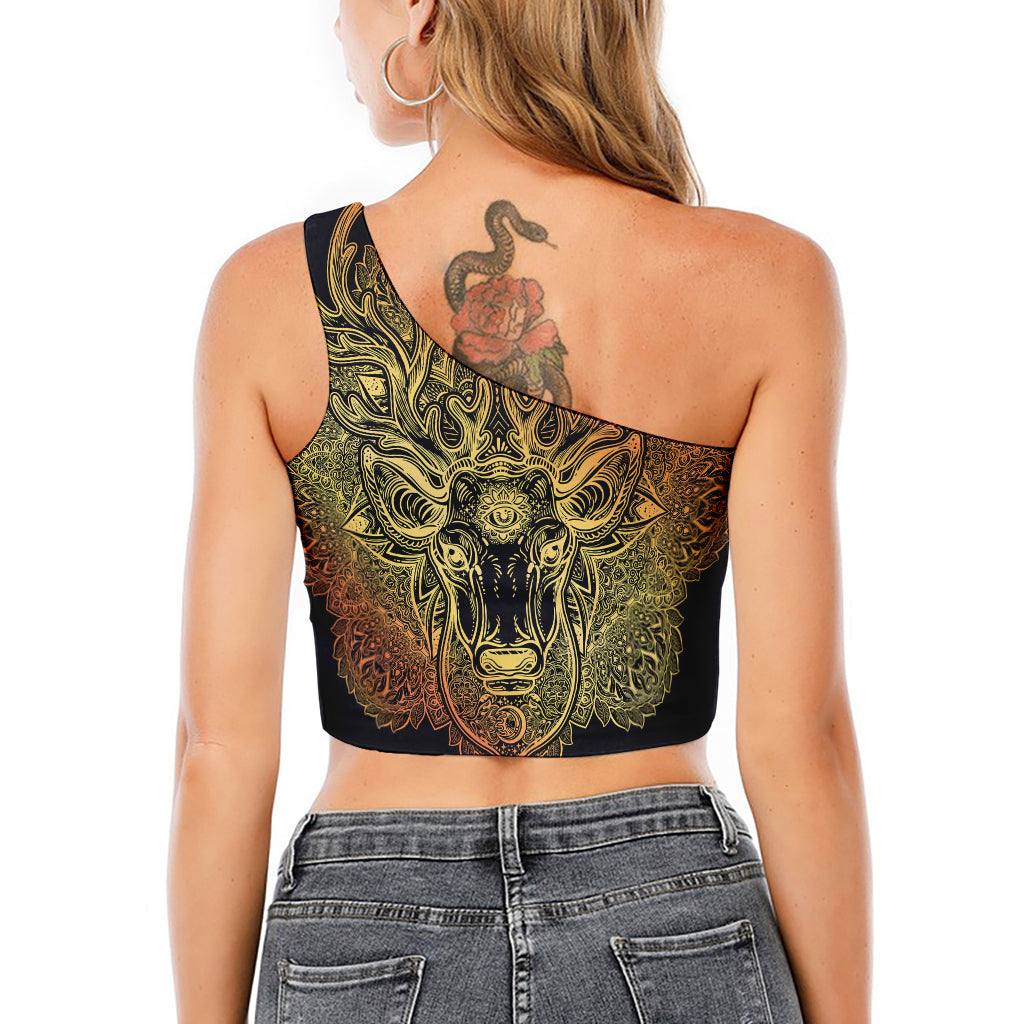 Spiritual Deer Mandala Print One Shoulder Crop Top