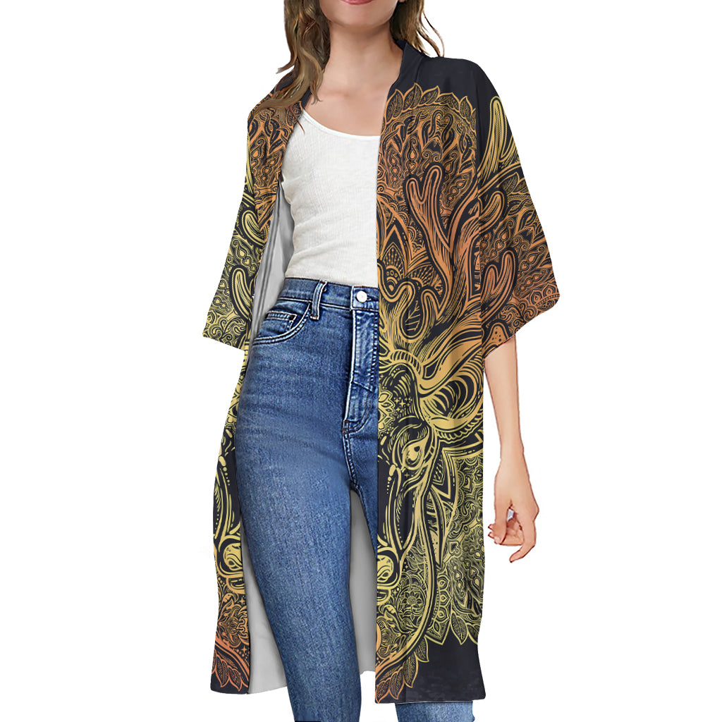 Spiritual Deer Mandala Print Open Front Beach Cover Up
