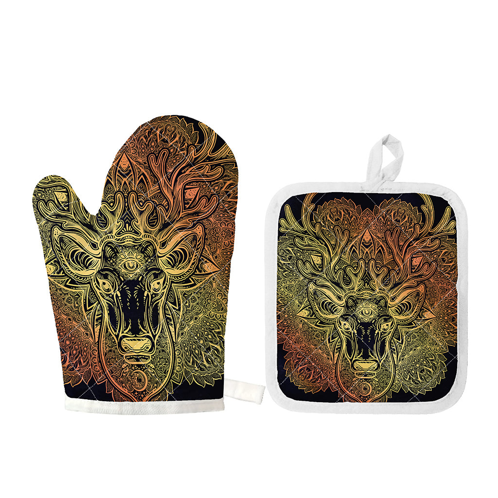 Spiritual Deer Mandala Print Oven Mitt And Pot Holder Set