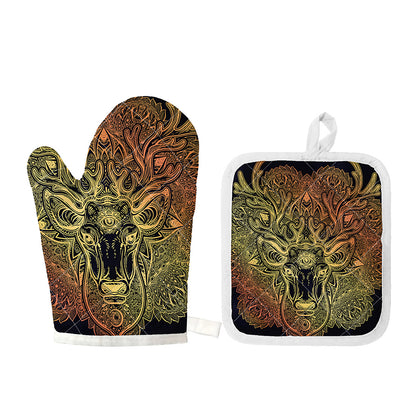 Spiritual Deer Mandala Print Oven Mitt And Pot Holder Set