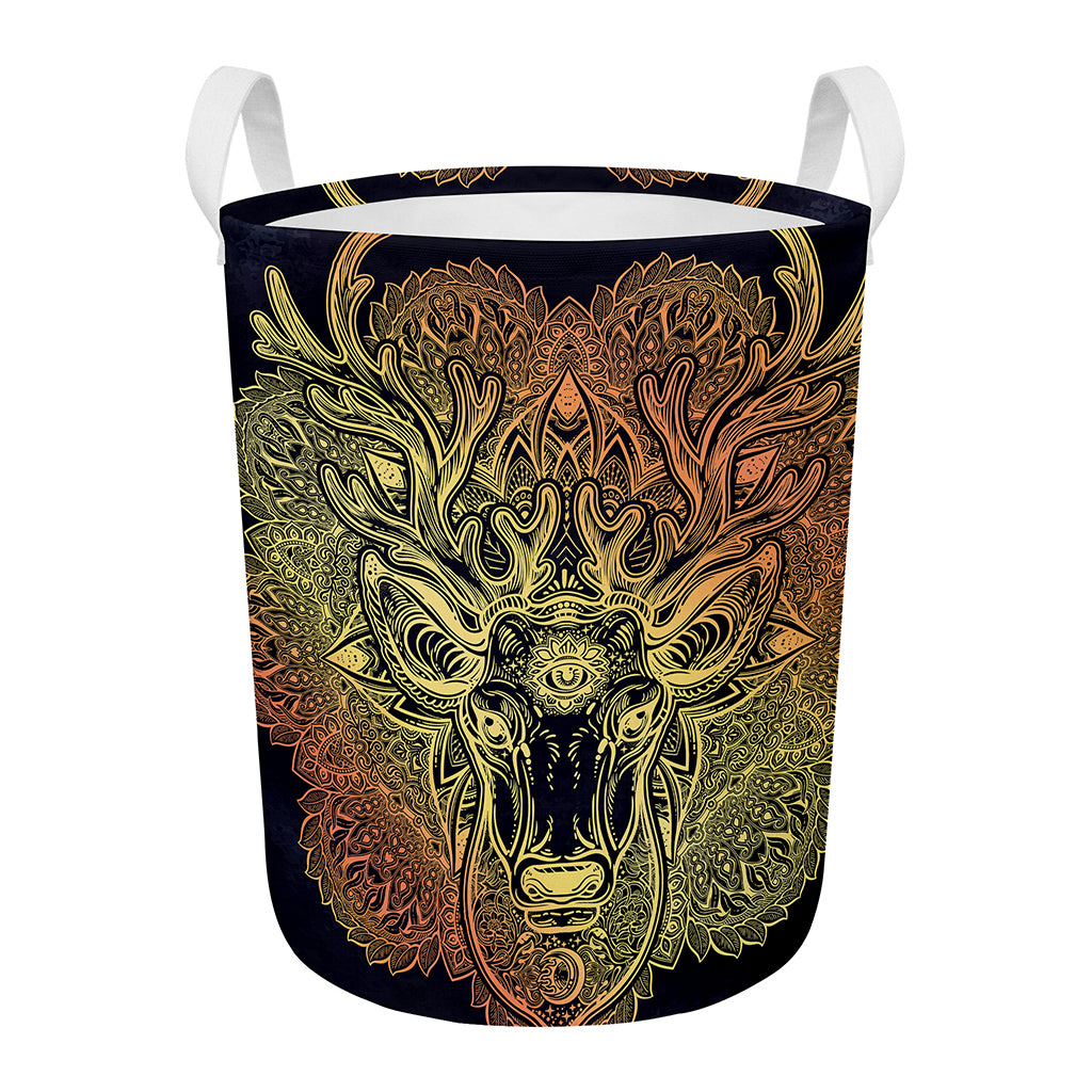 Spiritual Deer Mandala Print Round Laundry Basket