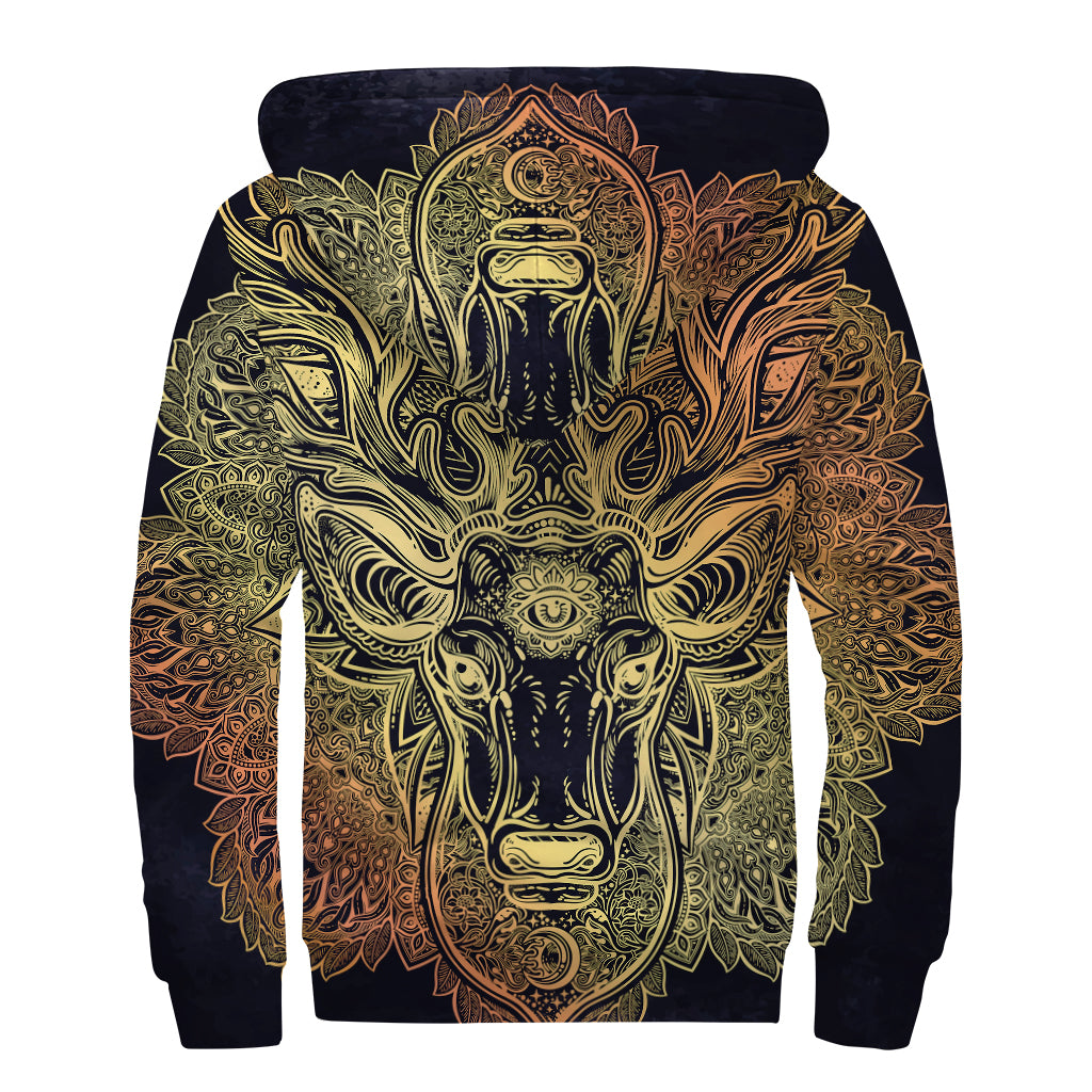 Spiritual Deer Mandala Print Sherpa Lined Zip Up Hoodie