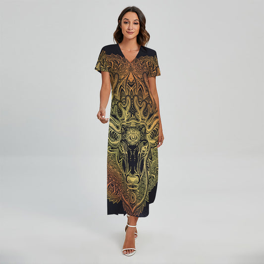 Spiritual Deer Mandala Print Short Sleeve Maxi Dress