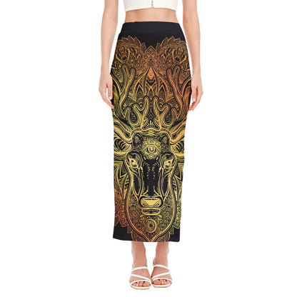 Spiritual Deer Mandala Print Side Slit Maxi Skirt
