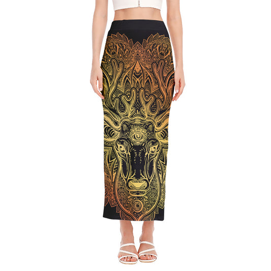 Spiritual Deer Mandala Print Side Slit Maxi Skirt