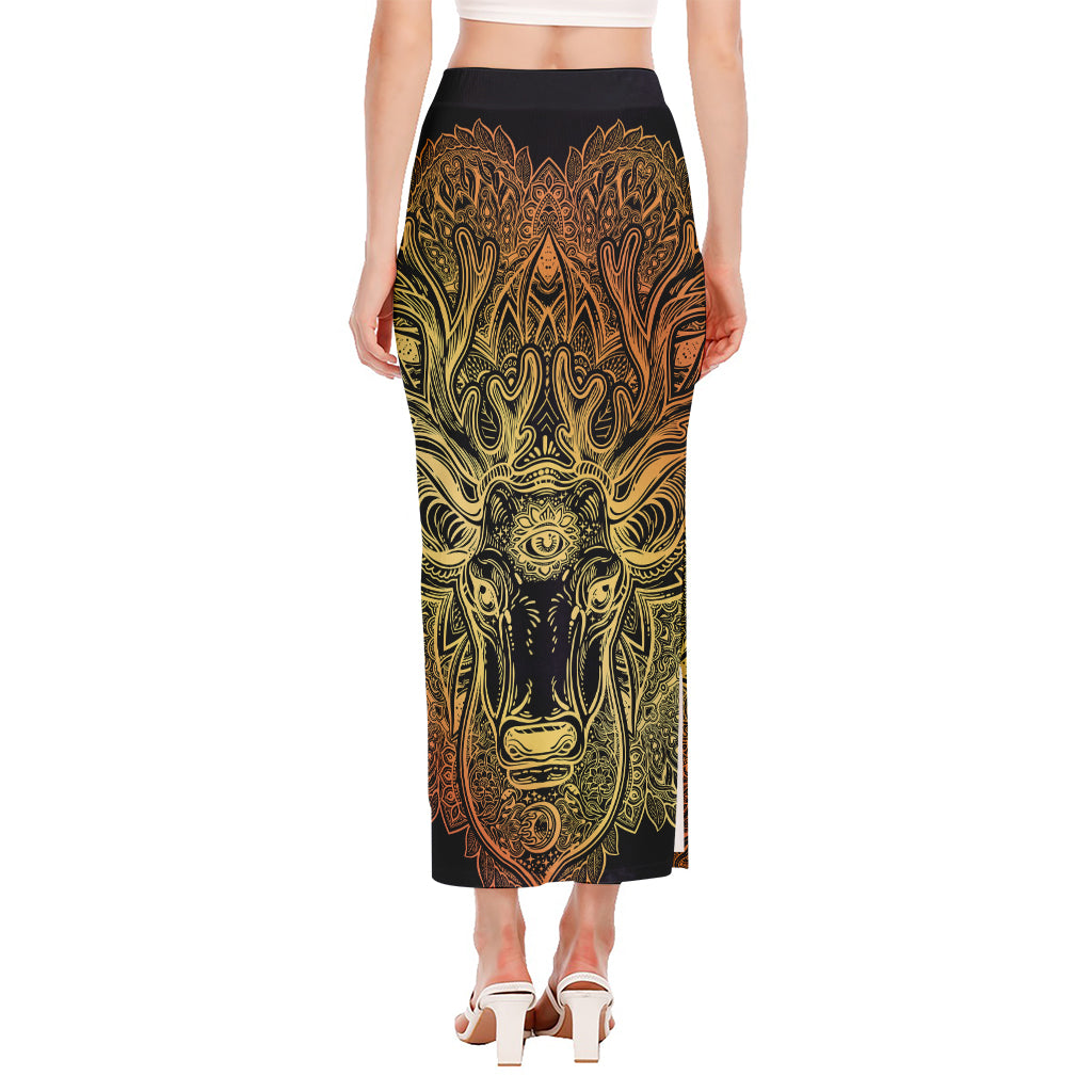 Spiritual Deer Mandala Print Side Slit Maxi Skirt