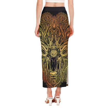 Spiritual Deer Mandala Print Side Slit Maxi Skirt