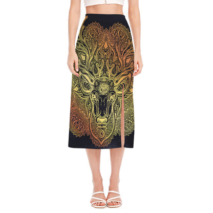 Spiritual Deer Mandala Print Side Slit Midi Skirt