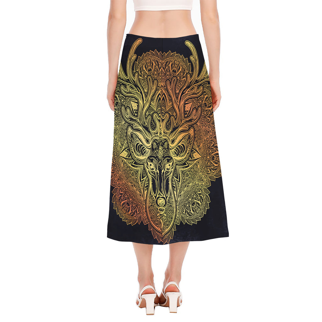Spiritual Deer Mandala Print Side Slit Midi Skirt