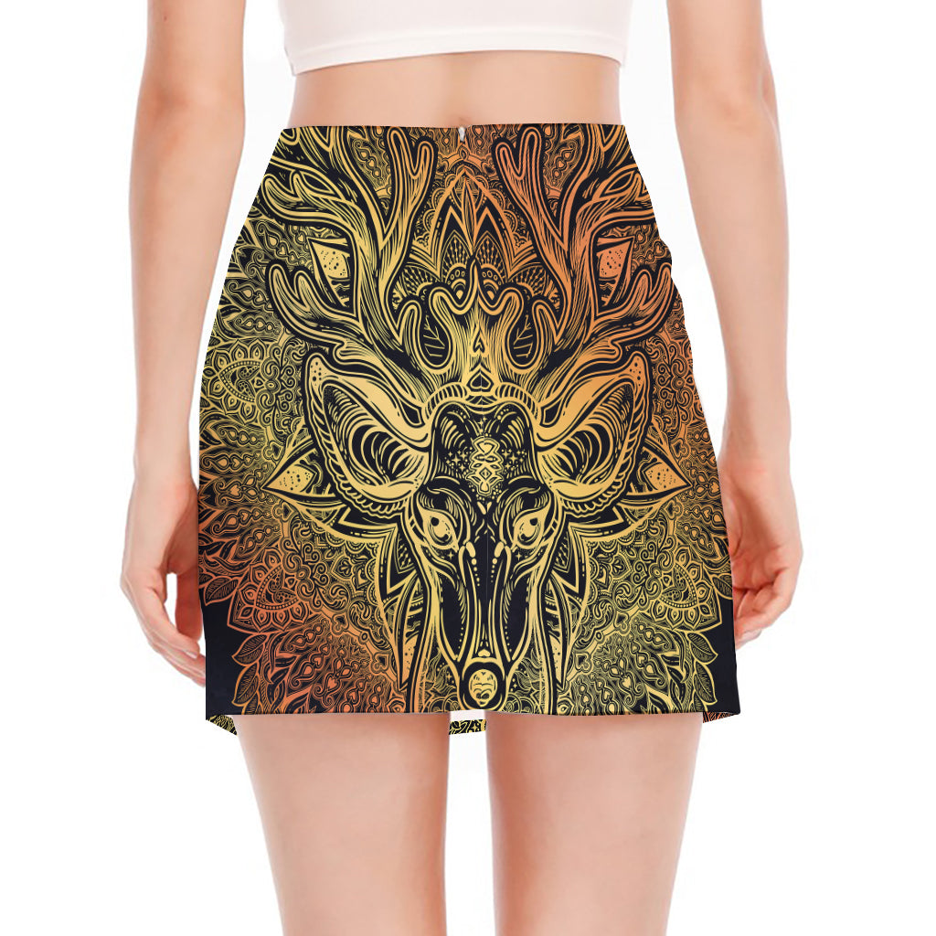 Spiritual Deer Mandala Print Side Slit Mini Skirt