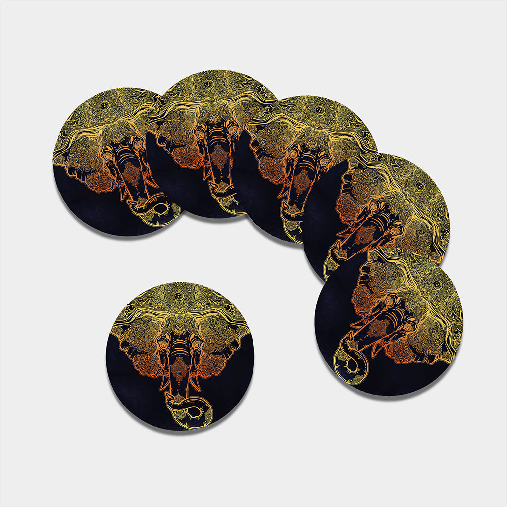 Spiritual Elephant Mandala Print Leather Coaster Set